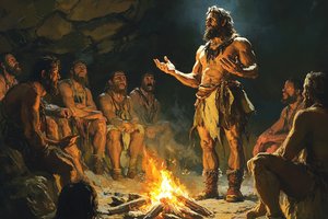 spiritiual_leader_preaching_to_cavemen_around_a_fire