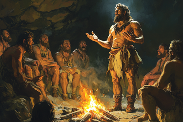 spiritiual_leader_preaching_to_cavemen_around_a_fire